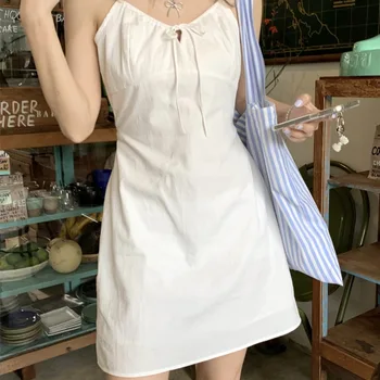 화이트 Kumikumi Bowtank 드레스 여성용 여름 몸집이 작은 허리 장착 슬리밍 a 라인 미니 드레스 멜빵 나비 매듭 