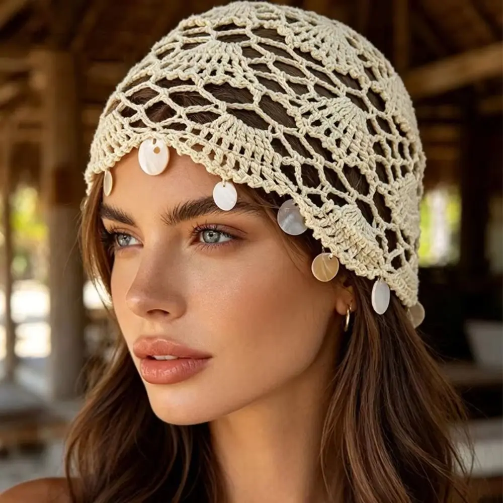 Elegant Hollowed Out Knitted Hat Thin Solid Color Bohemian Style Beanies Ethnic Style Korean Shell Tassels Hat