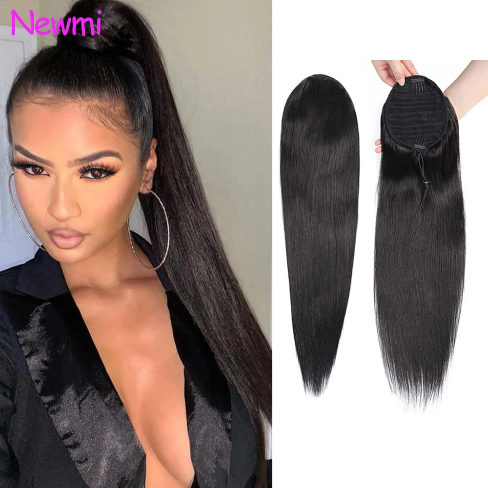 Newmi Straight Human Hair Drawstring Ponytail Extensions Unprocessed Brazilian Remy 100% Human Hair Natural Black For Women
