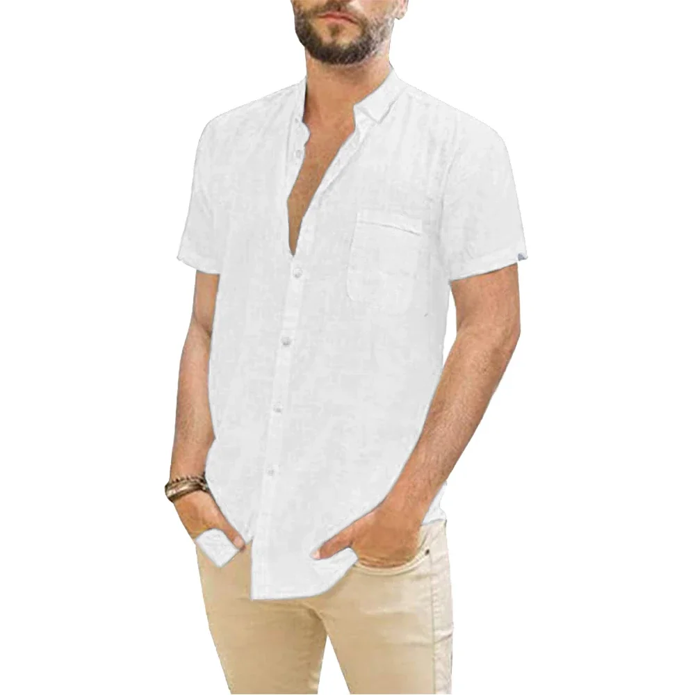 Cotton Linen Hot Sale Men's Short-Sleeved Shirts Summer Solid Color Turn-down collar Casual Beach Style Plus Size