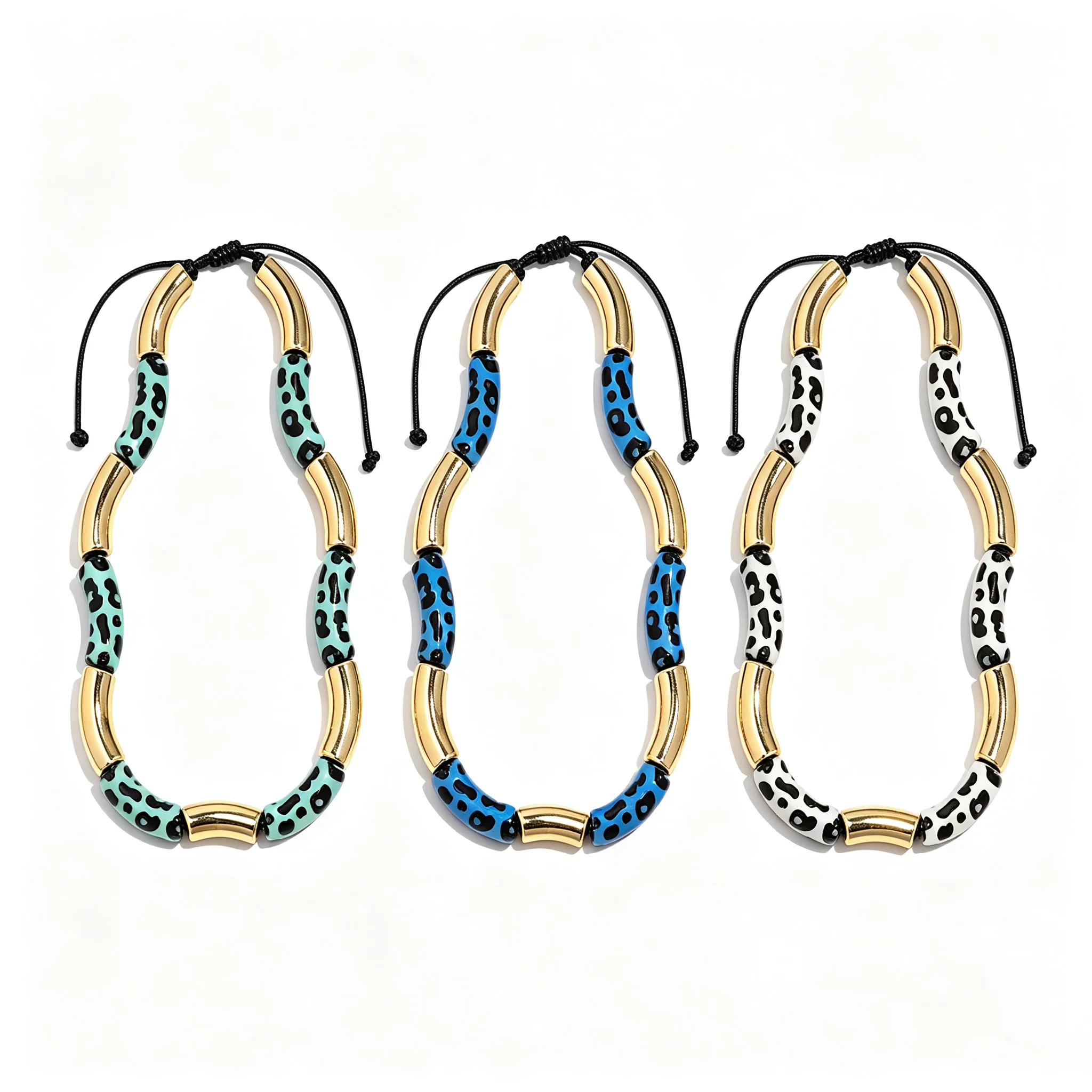 Trendy Colorful Leopard Tube Bead Adjustable Necklace Fashion Acrylic Bamboo Beaded Necklace for Women Men Party Jewelry Gifts