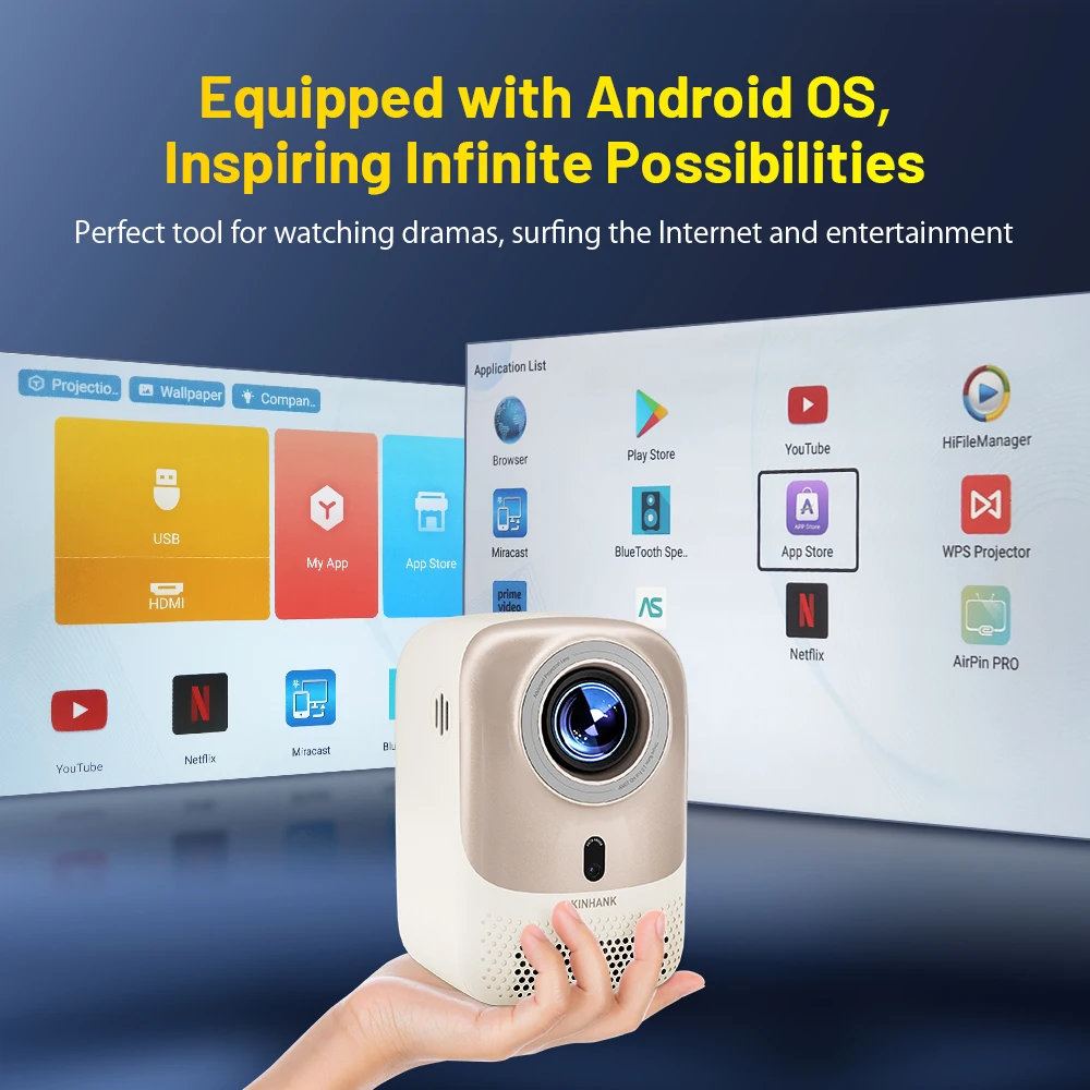 KINHANK 4K Portable Outdoor Movie Projector Auto Focus Native 1080P 450 ANSI Wifi 6 Android OS with Netflix Smart Home Projector