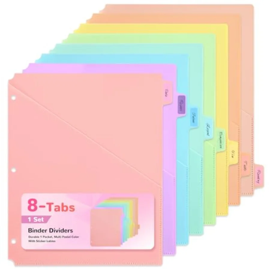 

8 Tab Binder Dividers with Pockets - Heavy Duty Plastic Dividers for 3 Ring Binder, Letter Size Poly Page Separators with Tabs