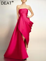 DEAT Women Fashion Evening Dress Strapless High Waist Backless Draped Fold Trailing Satin Party Dresses Spring 2024 New 13DB4723