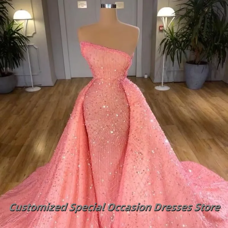 Sparkly Pink Mermaid Evening Dresses Beaded Crystal Rhinestone Birthday Party Gowns Strapless Sequin Formal Dress Customized