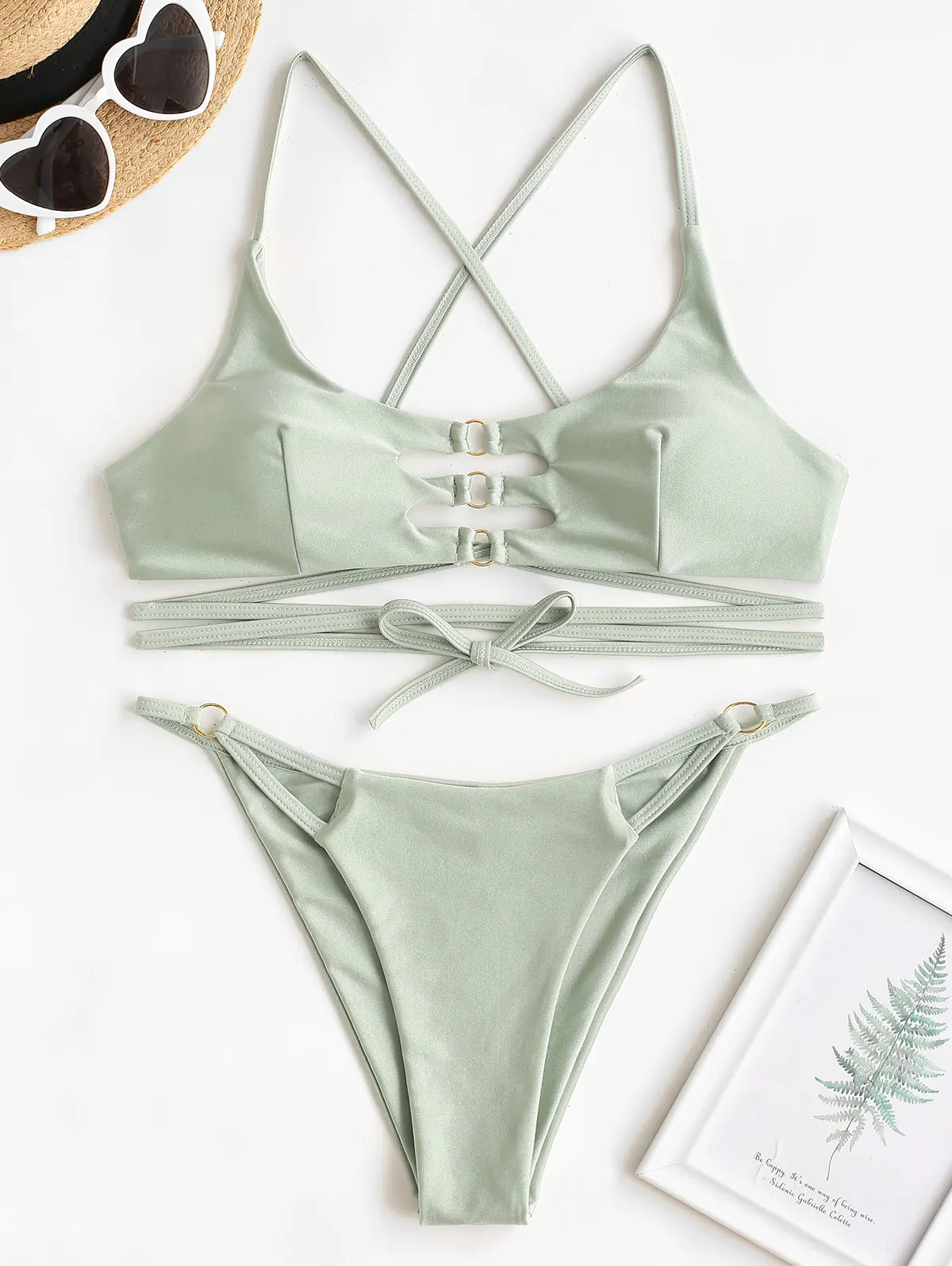 ZAFUL Midriff Flossing O Ring Cutout Cross Bikini Swimwear