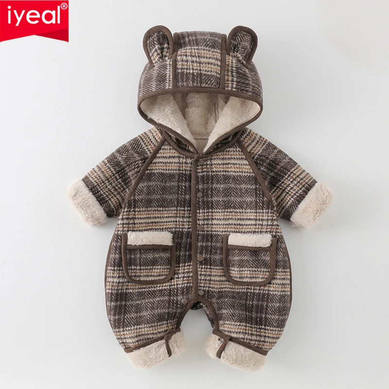 IYEAL Unisex Baby Winter Plaid Romper Hooded Bear Ears Fleece Lined Jumpsuit Long Sleeve Snap Button Outerwear with Pockets Newb