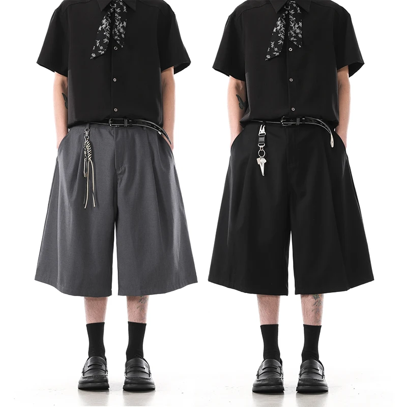Summer Calf-length Casual Short Trousers Men's Japanese Streetwear Fashion Loose Wide Leg Suit Shorts Pants