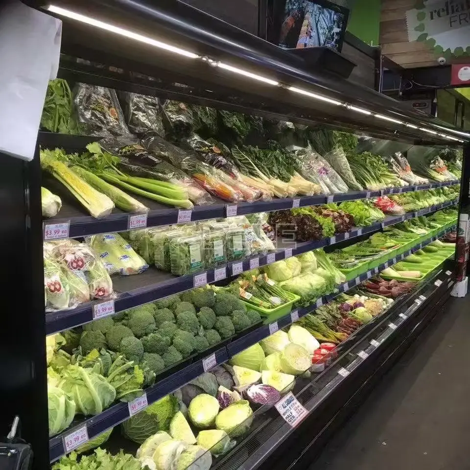 تخصيص مبرد الخضروات التجارية تستقيم سوبر ماركت ثلاجة مفتوحة عرض الفاكهة نظام الثلاجة