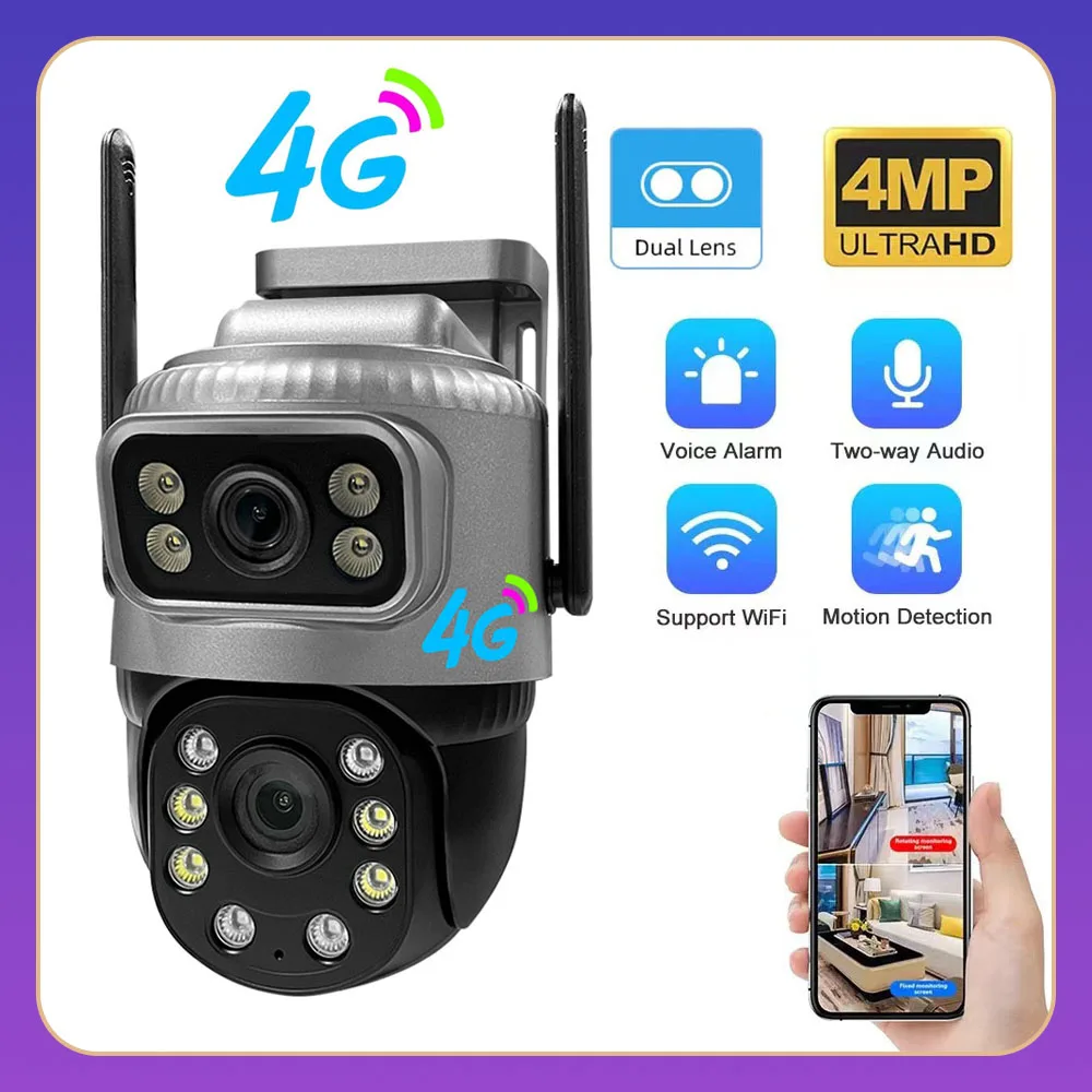 V380 Pro 4G SIM Card 4MP HD Outdoor IP CCTV Camera Motion Detection Dual-lens Monitor Home Full Color Night Vision AI 4G Camera