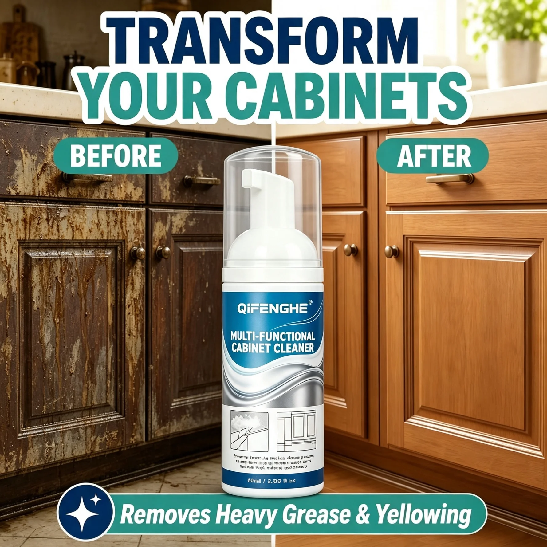 Heavy Duty Cabinet Degreaser, Fast Dissolves Sticky Food Residue & Grime, Non-Damaging for Kitchen Cupboards, Doors & Drawers