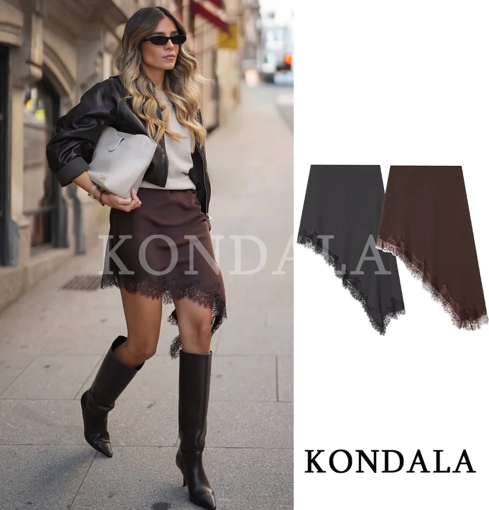 KONDALA Elegant Short Skirt Women Lace Hem Asymmetrical Skirt 2026 Spring Summer Fashion High Street Holiday Party Female Skirt