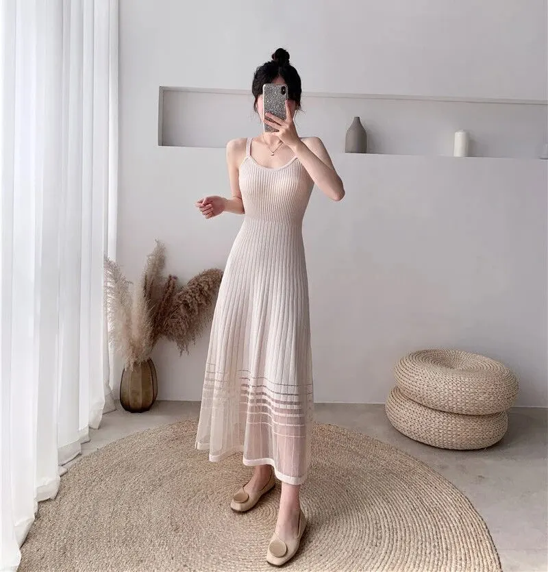 Gidyq Women Knitted Camis Dress Korean Fashion Patchwork Mesh A Line Dress Female Elegant All Match Elastic Base Sundress New