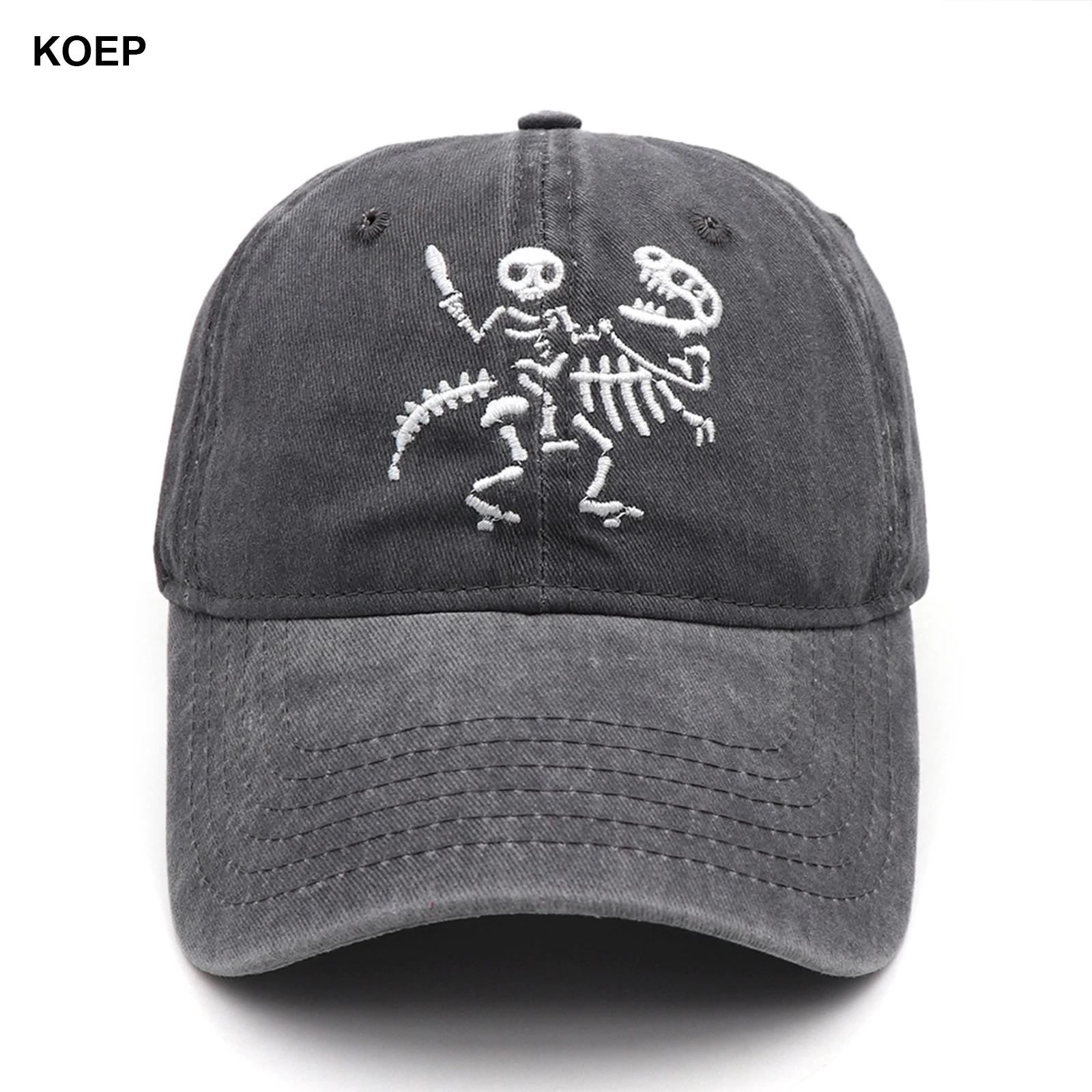 KOEP Skeleton Man Riding Dinosaur Water Wash Fishing Baseball Caps 2D Embroidery Outdoor Sports Snapback Hats