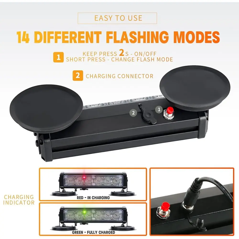 Wireless LED Strobe Light Bar, Rechargeable Safety Beacon for Cars and Trucks, Portable Emergency Warning Lights (2-Pack, 2x8 in