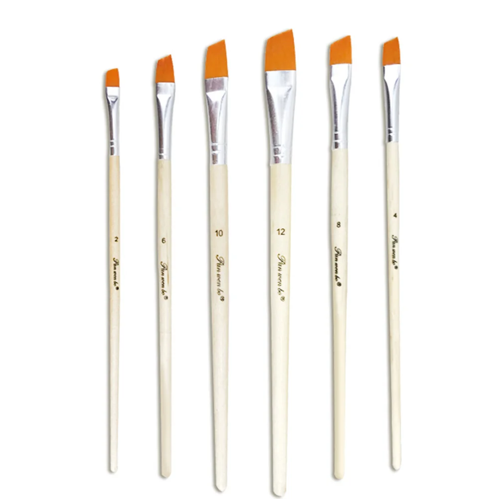 6 Pcs Nylon Paint Brushes Wood Handle Artist Set Aluminum Watercolor Diagonal Peak Versatile for Beginners Hobbyists