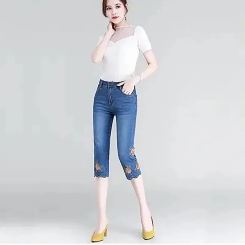 Fashion High Waist Skinny Jeans Summer Women Vintage Embroidery Calf Length Denim Capris Pants Woman Skinny Pencil Denim Pants