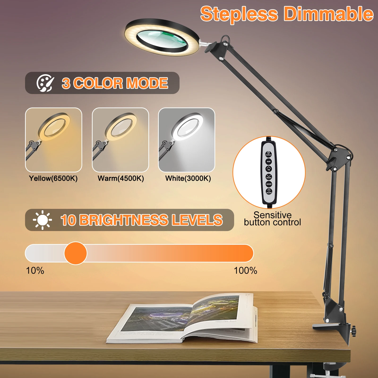 Magnifying Glass with Light 5X Magnifying Lamp with Remote Control 18 Color Modes Stepless Dimmable LED Lighted Magnifier