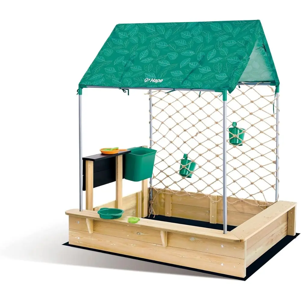 

Hape All-in-one Sandbox Cabana Kit | Garden Sand Pit with Waterproo Sunshade, Activity Table, Water Play Station, Roleplay Kitch