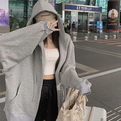 Oversized Zip Up Gray Hoodie Women Korean Fashion Zipper Coats Casual Hooded Sweatshirt Streetwear Poleron Baggy Solid Hoodies