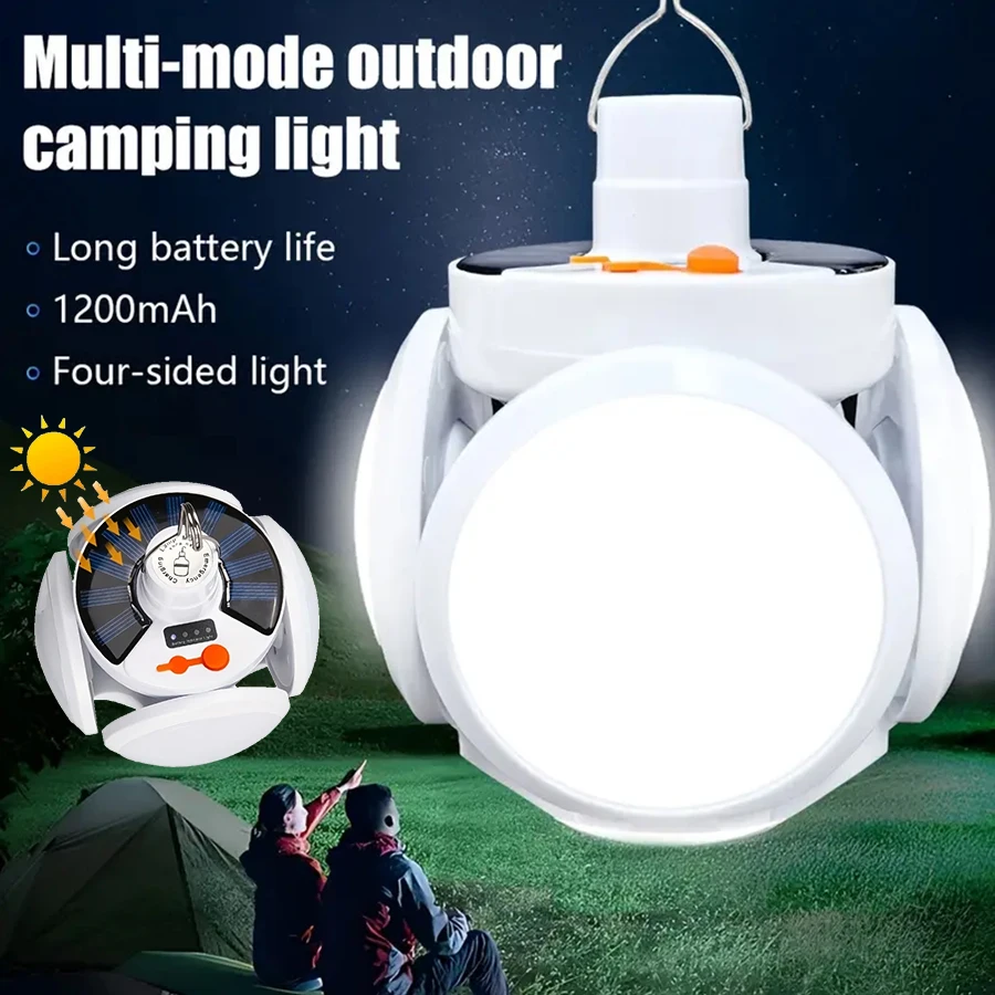 Lampada da campeggio solare portatile Lampada da tenda da esterno ricaricabile Lampadine da calcio a LED pieghevoli con gancio per appendere Lanterna da escursionismo da pesca