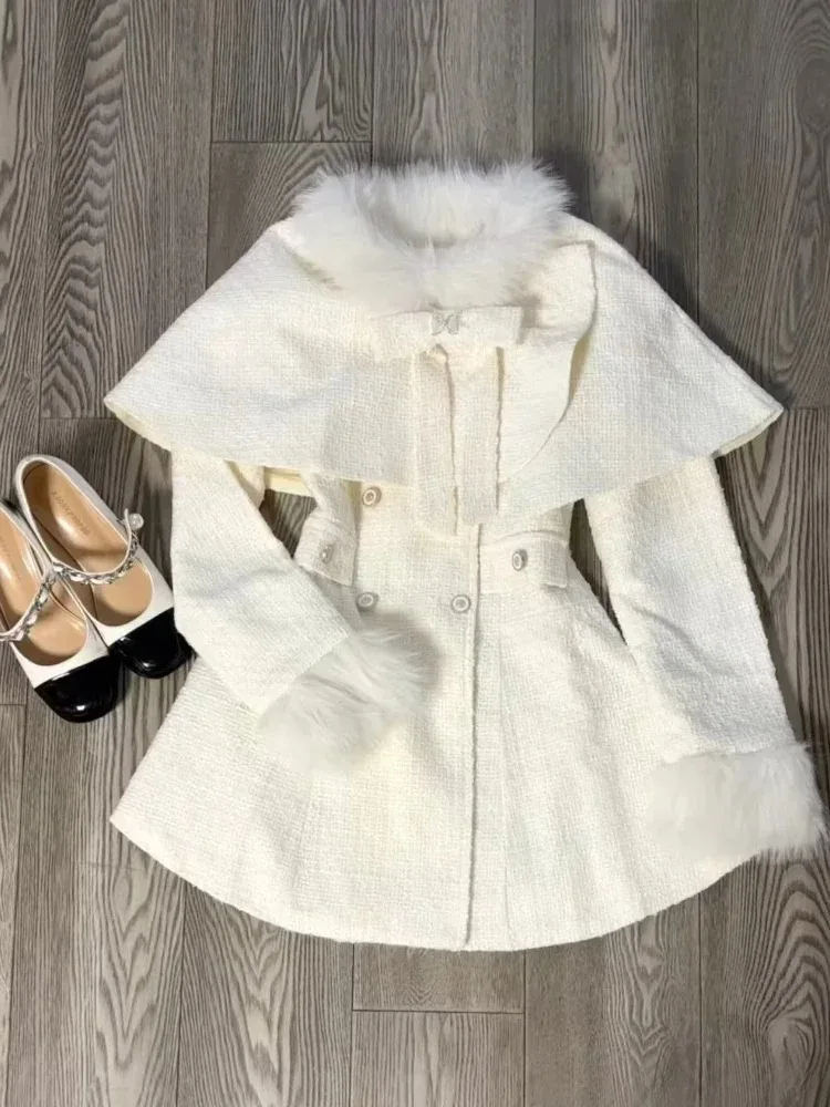 Winter French Elegant Women Outfits Sweet Casual Fur Bow Cape Female + Fashion Chic Long Sleeve Slim Mini Dress 2 Piece Set New