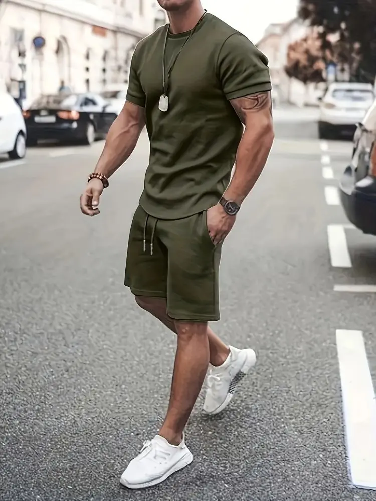 Solid color men\'s T-shirt suit men\'s street simple T-shirt summer casual shirt suit short two-piece set comfortable and breathab