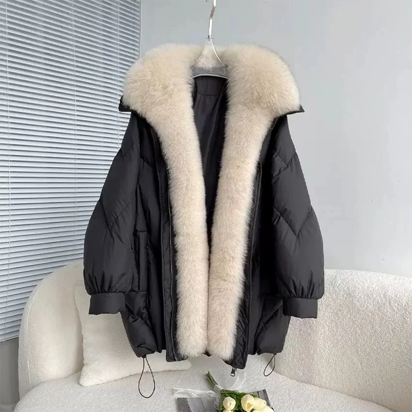 Winter Thickened  Fur Collar down Jacket Women's Mid-Length Loose Fashionable Korean Style Commute Windbreaker Coat