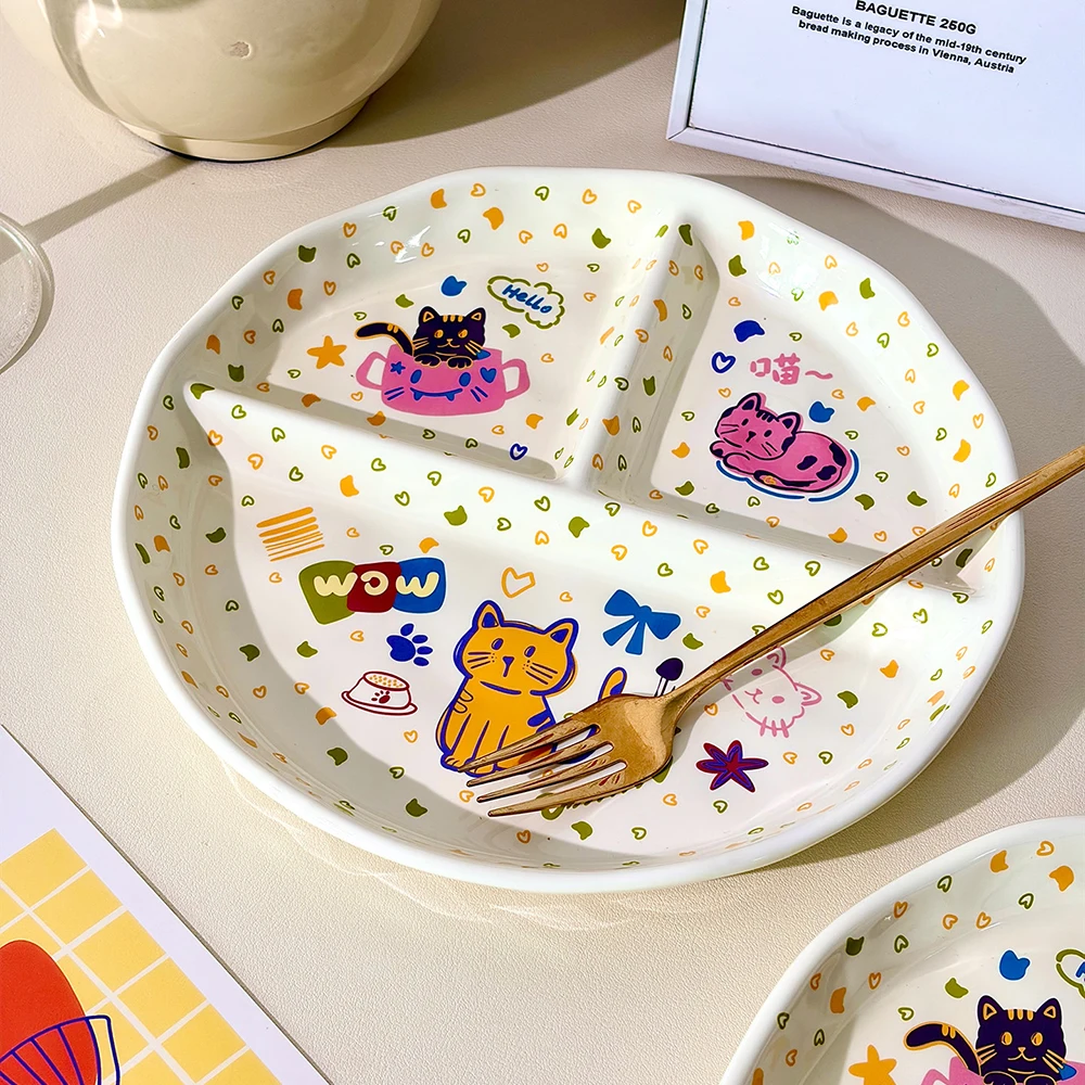 Cute Cartoon Ceramic Divided Plate Chic Underglaze Colour Three Grid Partition Dining Breakfast Plates Kids Home Tableware