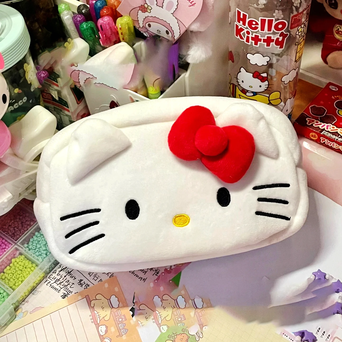 Cute Hello Kitty Pencil Bag Plush Anime Sanrio Student Stationery High-Capacity Pen Case Cartoon Cosmetic Storage Bag Girl Gift