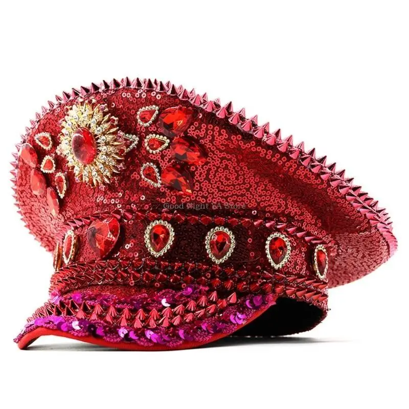  Gleaming Bride Hat Sparkly Captain Hat Red Heart Rhinestones Sailor Party