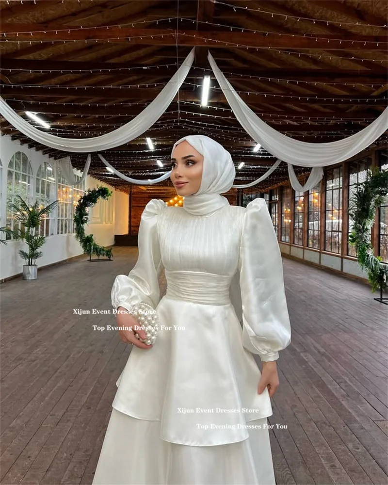 Xijun Modest Ivory Satin Evening Dresses Long Sleeves Tiered Formal Prom Dresses Button A-Line Muslim Prom Gowns 2025 Customized