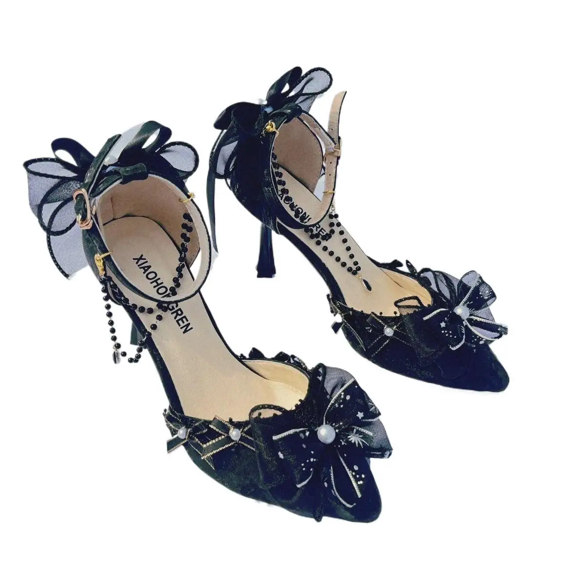 2025 Black Pointed Toe Flower Wedding Gorgeous High Heels Handmade Elegant Dress