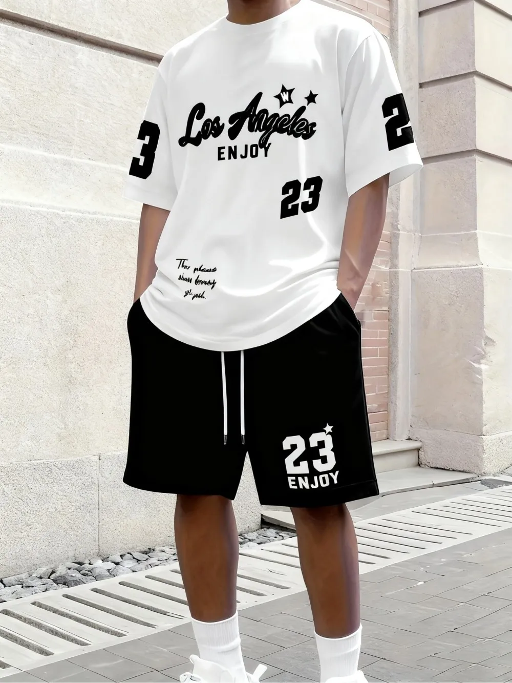 

New Men's Summer Los Angeles Letter Printed Comfortable Breathable Round Neck T-shirt Drawstring Shorts Set Outdoor Street Wear