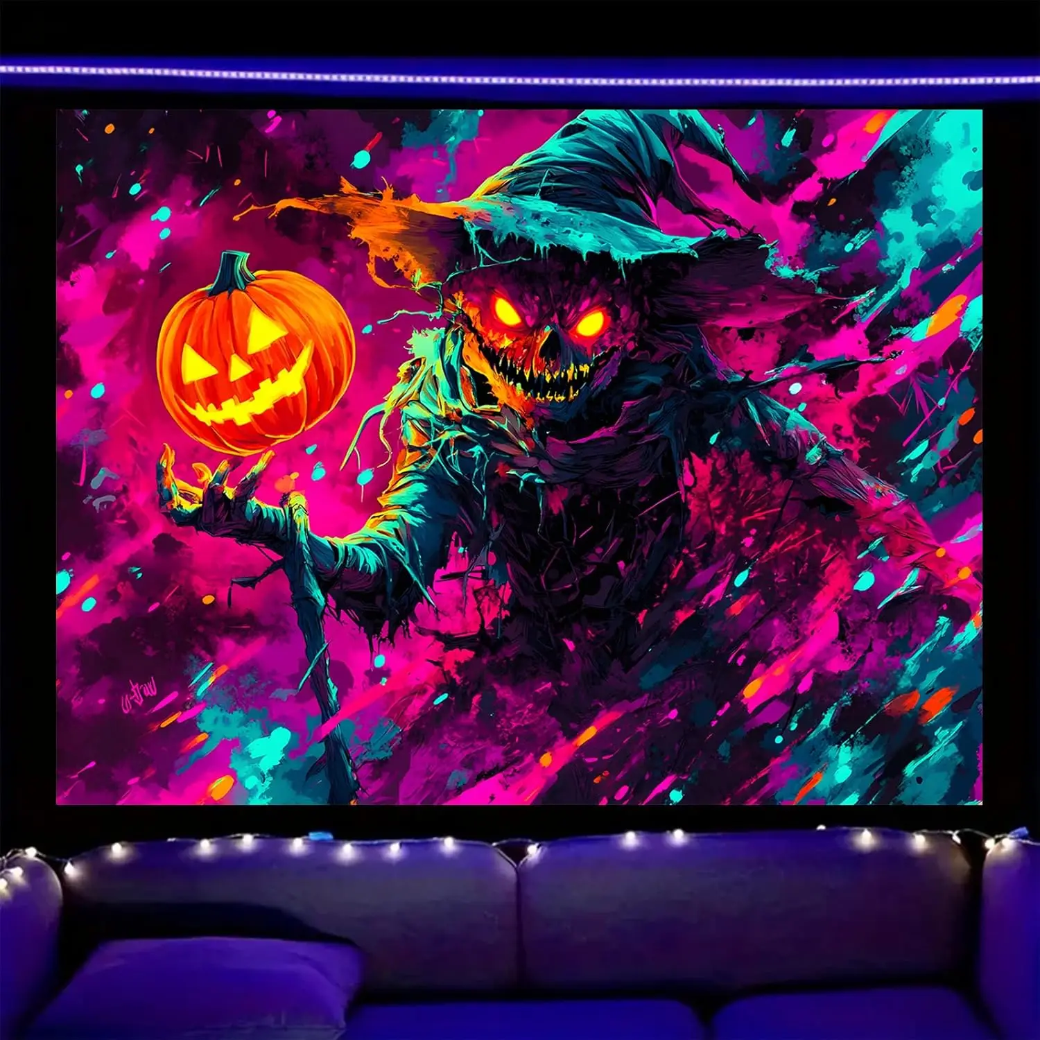 Nuxovilar UV Reactive Tapestry Flaming Scarecrow Pumpkin Scene BlackLight Tapestries Cool UV Black Light Halloween Horror Tapest