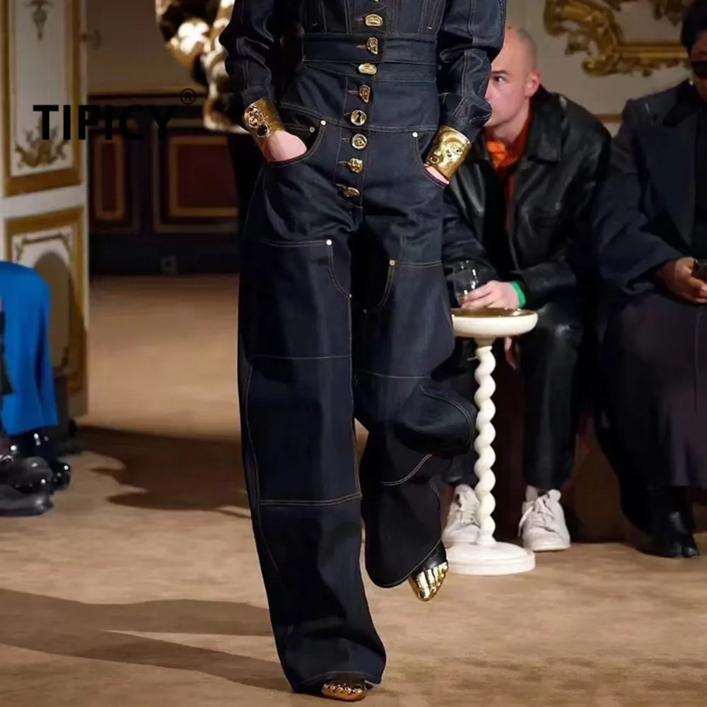 

High Street Fashion and Versatile Jeans Pants Women's Autumn New High Waisted Rivet High-end Straight Leg Wide Leg Denim Pant