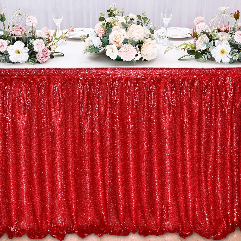 1PCS 10/20FT Long Red/Rose Gold Sequin Table Skirt for Round/Rectangle/Square Table for Birthday Party Wedding Christmas