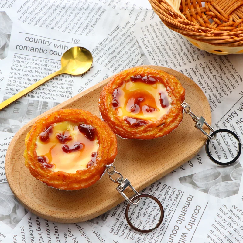 New Egg Tart Keychain Creative Fashion Simulation Food DIY Toy Model Keyring Car Phone Bag Pendant Gift Ornament Trinket Jewelry