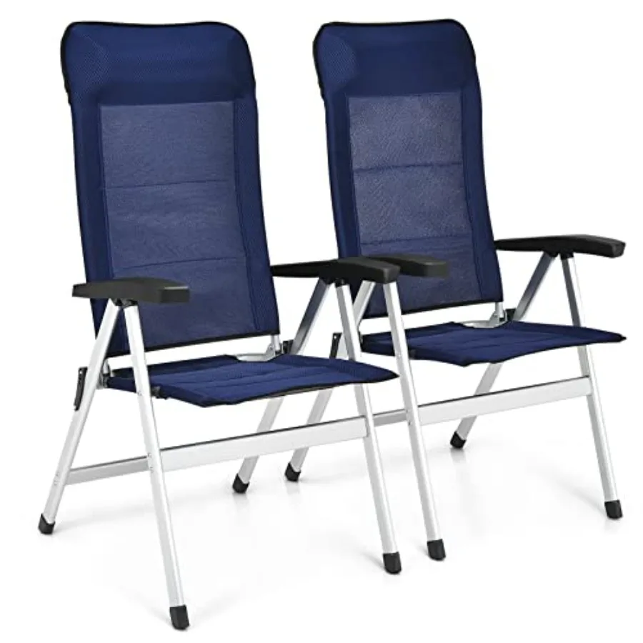 Patio Folding Chairs Set of 2, Navy Polyester Fabric, Portable Reclining Chairs with 7-Position Adjustable Back Padded Headrest