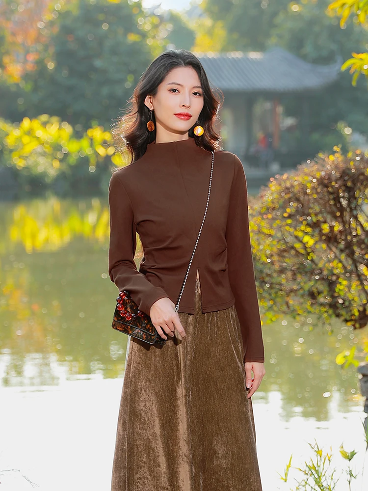 

Дизайнерский этнический топ Yang Li в новом китайском стиле с длинными рукавами и воротником-стойкой, цвет капучино, для женщин, осень-зима, смесовый хлопок