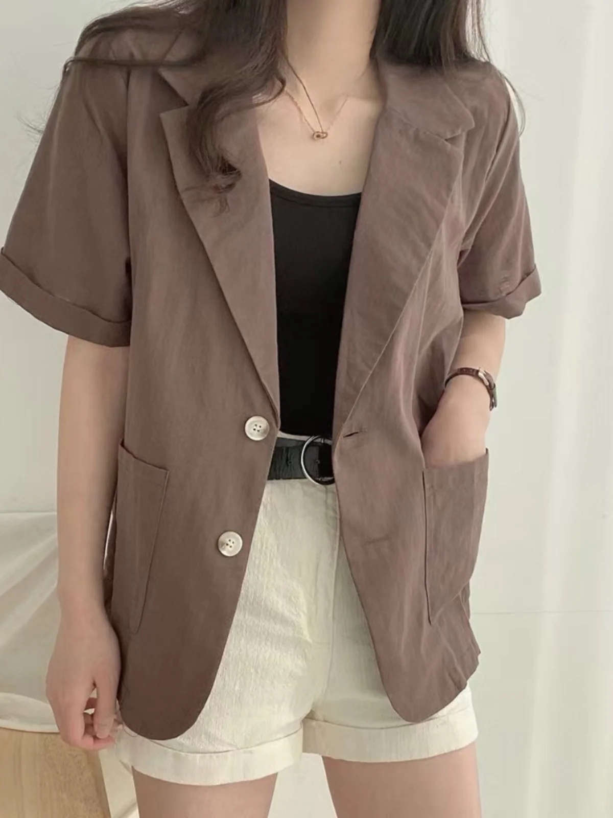 Chaqueta de traje de manga corta de dos botones, fina, de lino y aodón, transpirable, estilo coreano, e, csa de e...