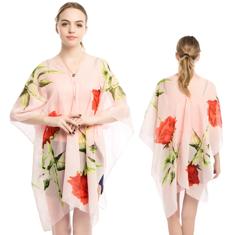 

2022 Summer Poncho Capes Cycling Sunshade Shawl Women Silk Scarf New Chiffon Printing Sunscreen Lady Shawl Cloak Pink