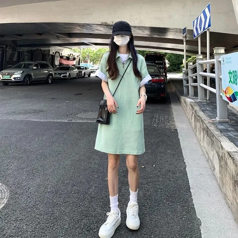 Fashionable  Collar Straight Cut Short Dress Women's Pure Color Simple Design Summer New Arrival A-Line Skirt Dress