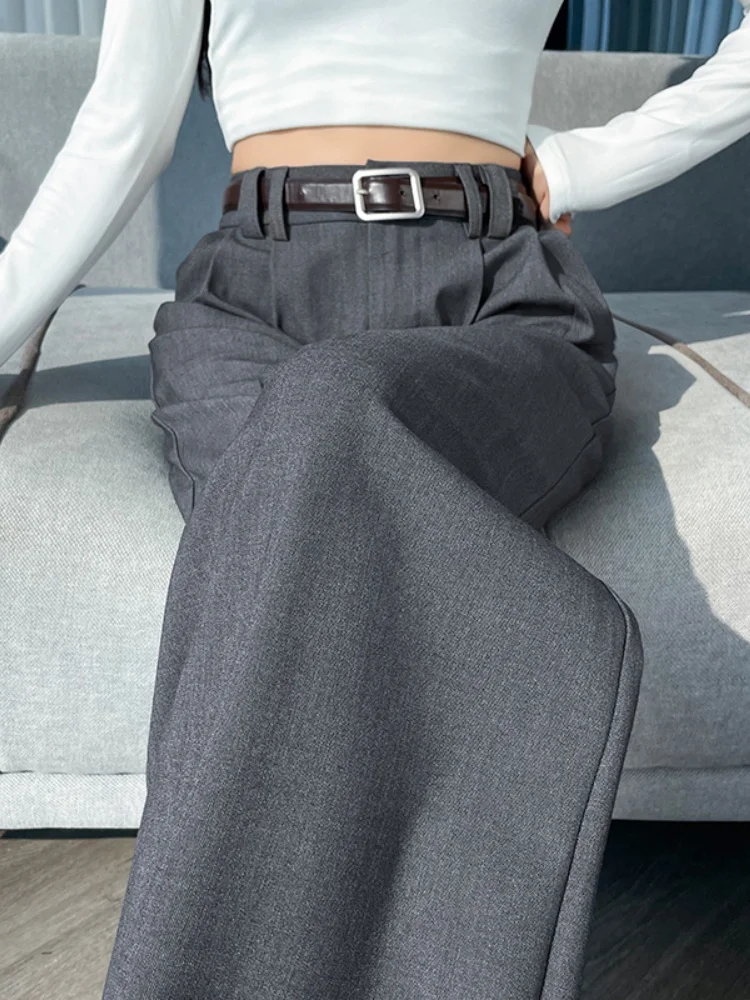 Gray Suit Pants High Waist Slim Fit Women's Spring Autumn High Quality Drapey Straight Leg Wide Leg Pants Commute Style