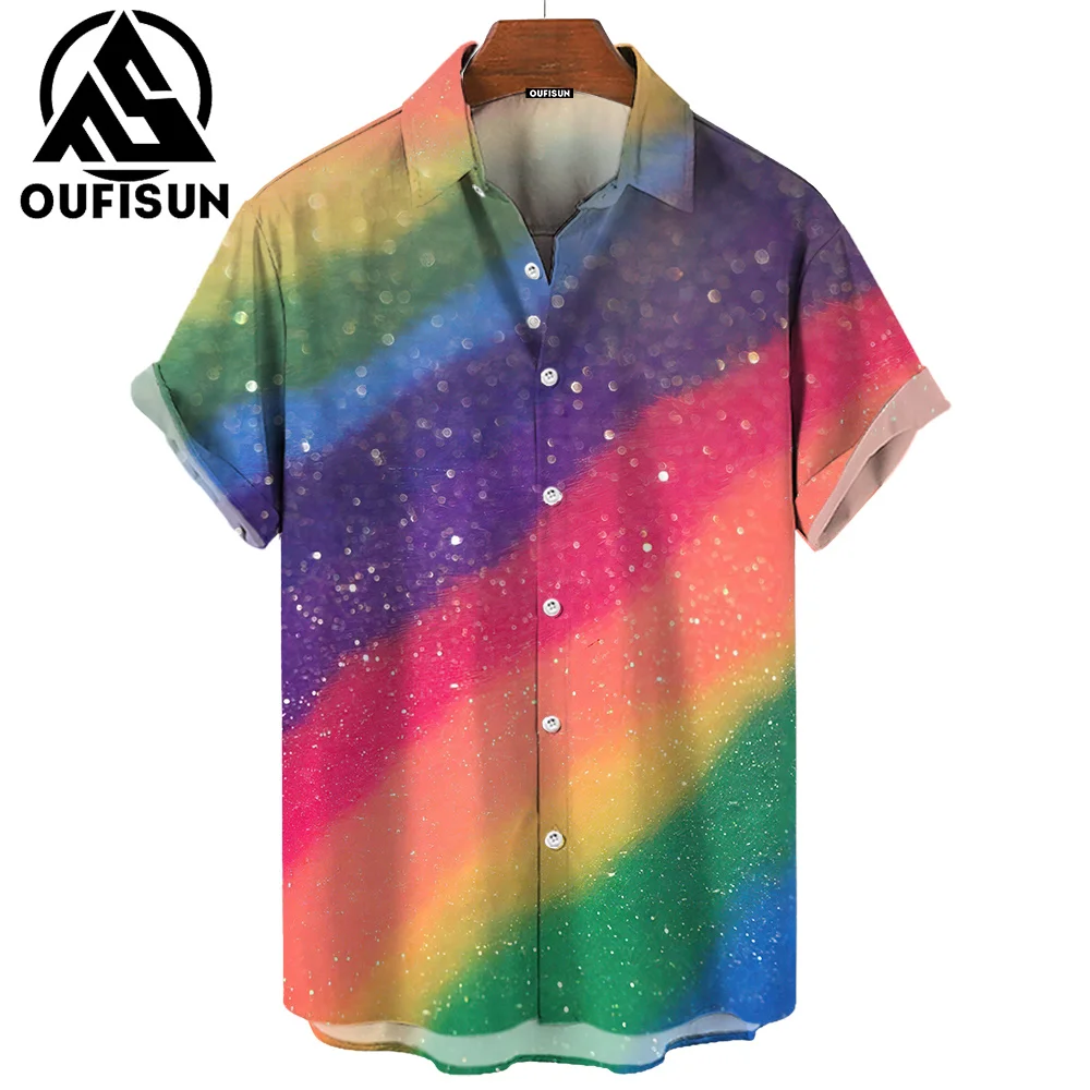 New Summer Fashion Pride Month Party Rainbow Print Men\'s Short Sleeve Casual Shirt Tops Street Trend Party Oversized Shirt S-5XL