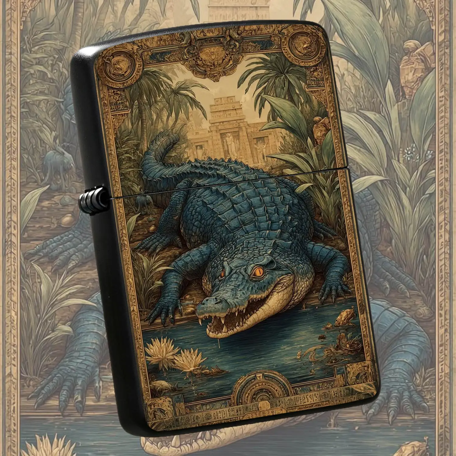 Vintage Ancient Egyptian Style Crocodile Pattern Lighter, Exquisite Ornate Border Art Design, Retro Nile Tropic Themed Decor, Portable All-Scene Daily Accessory, Unique Creative Gift For Art Lovers, Colle A Humorous And Interesting Lighter