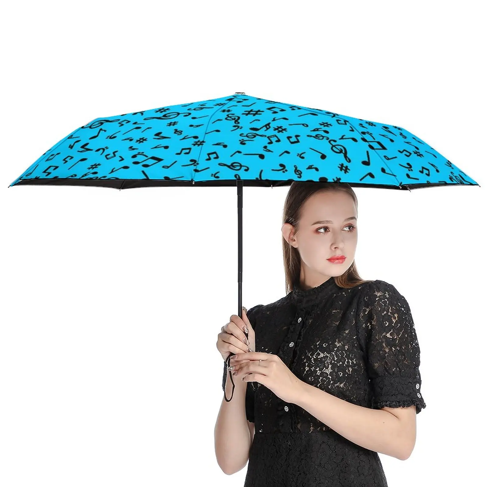 Music Notes Umbrella Blue And Black Cheap Compact Umbrella Art Travel Windshield Automatic Umbrella