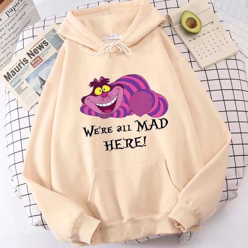 Disney Long Sleeve Hoodie Fashion Alice in Wonderland Cheshire Cat Cartoon Cute Cat Print Hooded Pullover Unisex Womens Sweatshi