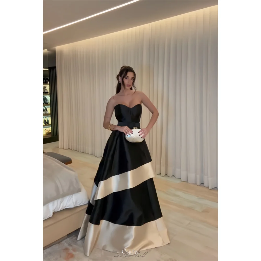 

Cathy Customize Black Strapless Layered A-line Prom Dress Elegant Sleeveless vestidos de noiva Floor-length Evening Dresses 2025