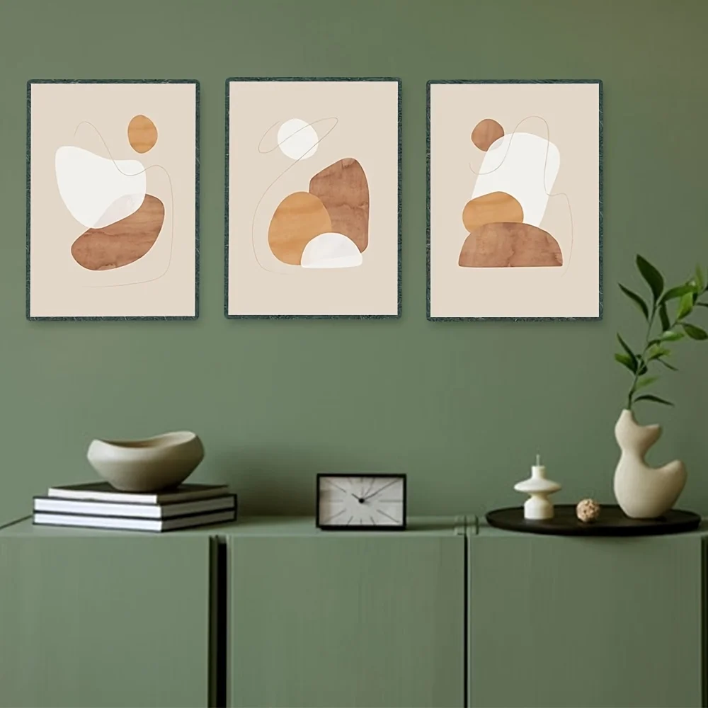2D Flat 3pcs Unframed Mid Century Wall Art Abstract Geometric Beige Brown Poster Canvas Painting Prints Pictures Modern Livin